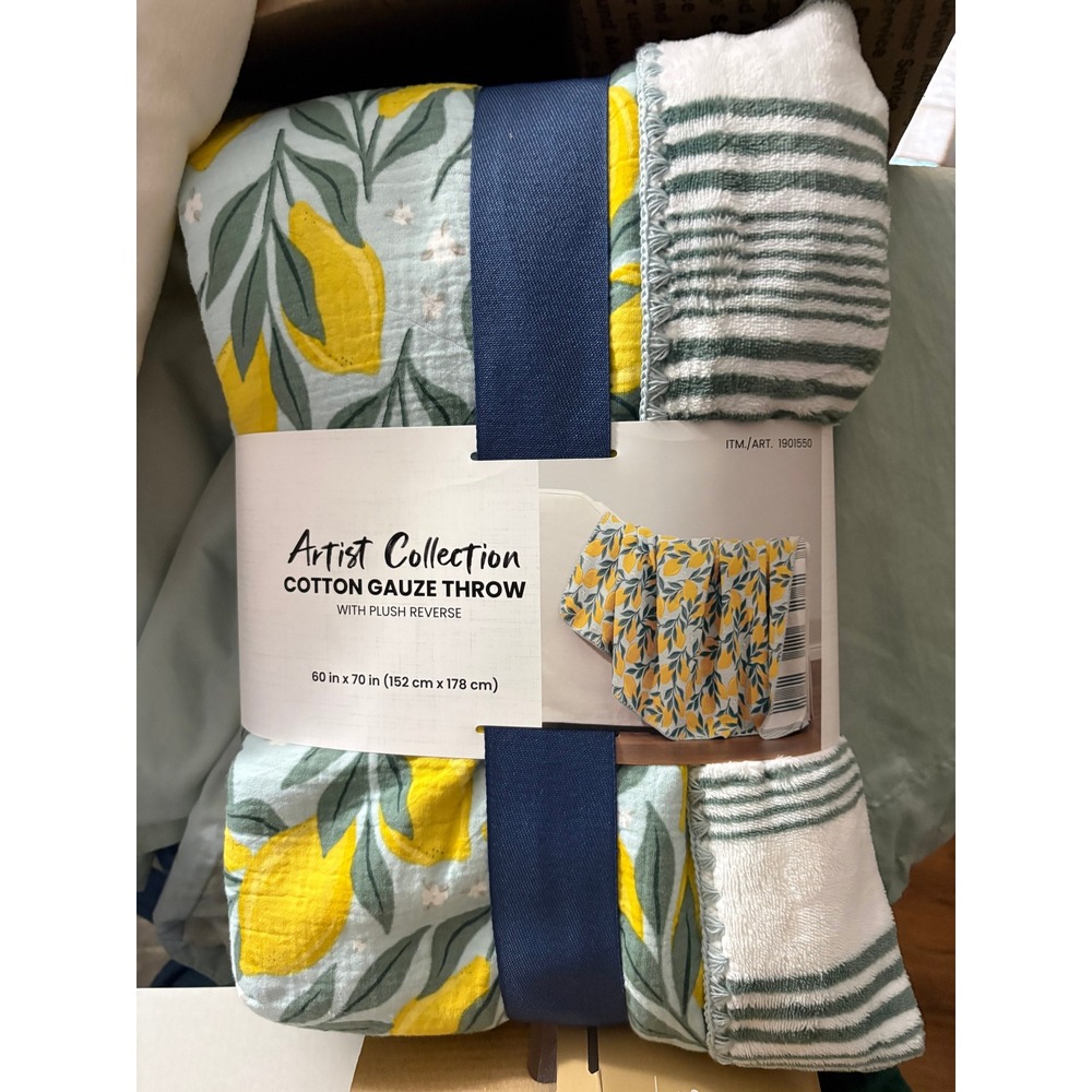 Simplified Emily Ley Artist Collection Cotton Gauze Throw Lemon Print 60x70 NEW